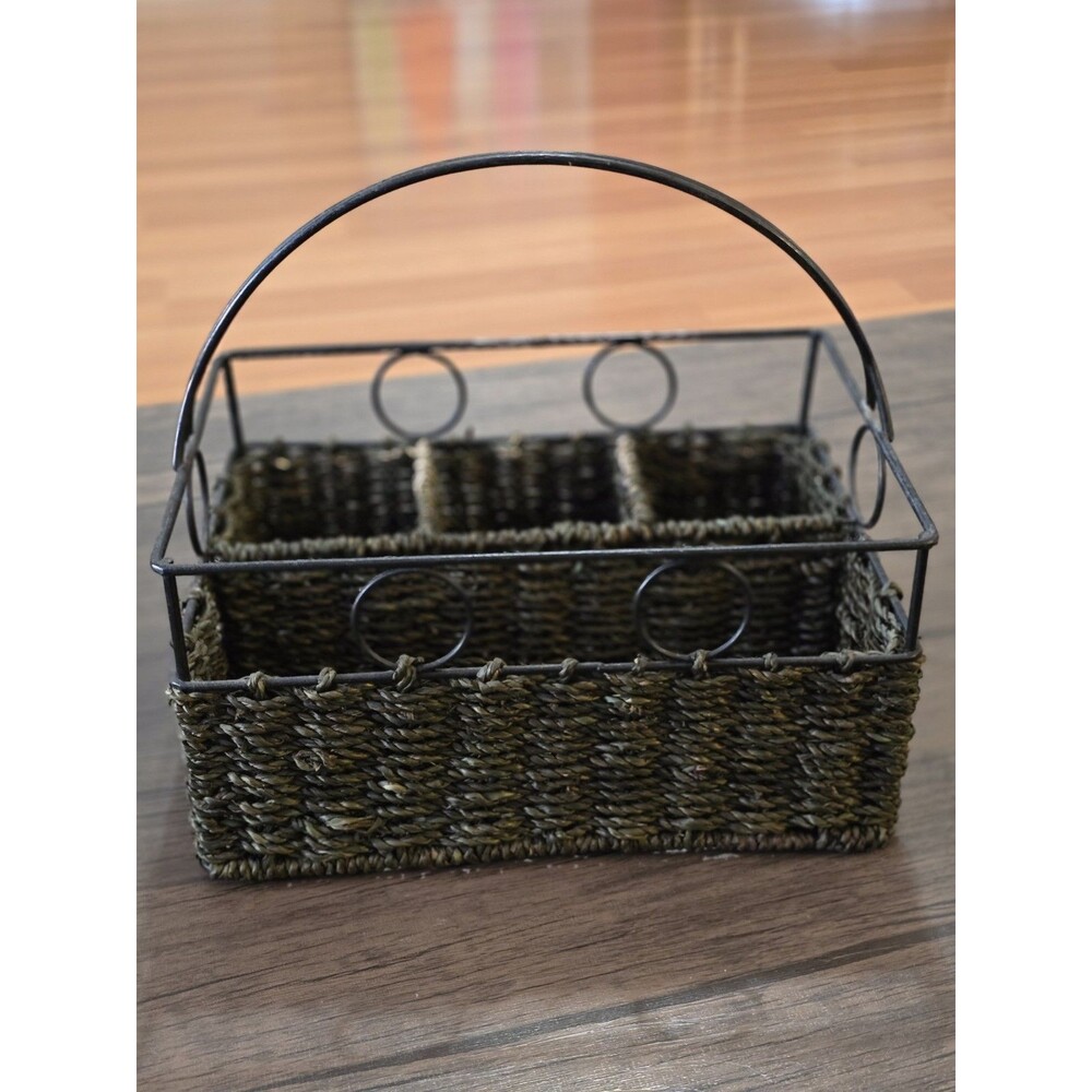 Brown Wicker And Metal Utensil Holder